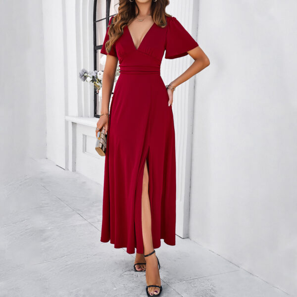 Women's Solid Color Elegant Slim V-neck Dress - Image 5