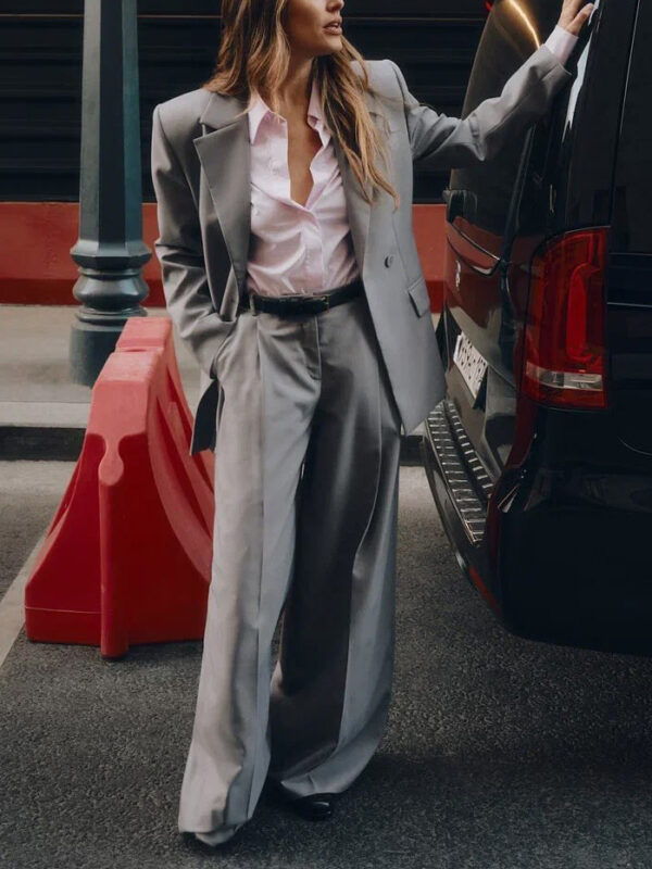 Gray Single-button Blazer & Wide-leg Pants Suit - Image 3