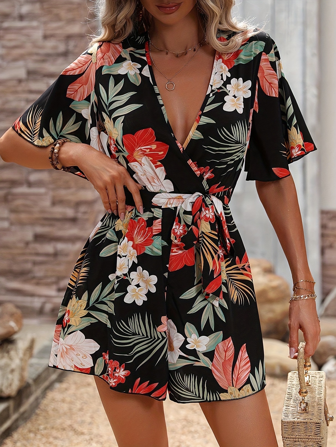 Beach Vacation Ruffle Sleeve Short Culottes Printed Jumpsuit - Image 9