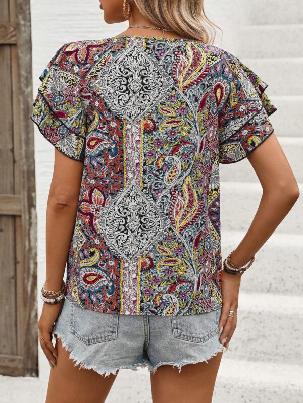 Women's Summer Hawaiian Style Ruffle Sleeve Paisley Print Casual Shirt - Image 3