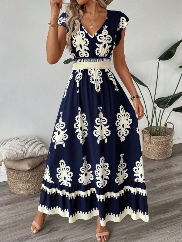 Trim Cap Sleeve Cinched Waist Ruffle Hem A-Line Dress - Image 2
