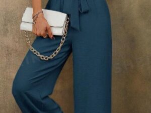 Women Solid Color Sleeveless Top With Notch Neckline And Belted Long Pants Set