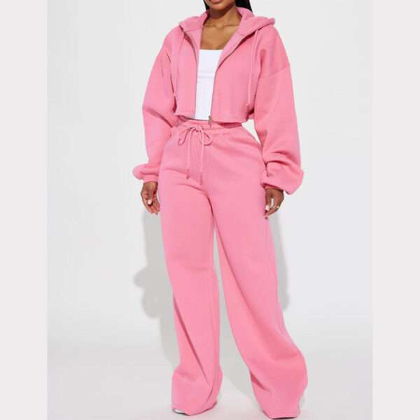 European And American Hooded Front Cardigan Zipper Sweater Wide Leg Loose Trousers Suit - Image 4