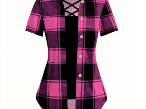 Unity AB Splicing Collar Turn-D2 In 1 Plaid Short-Sleeved T-Shirt