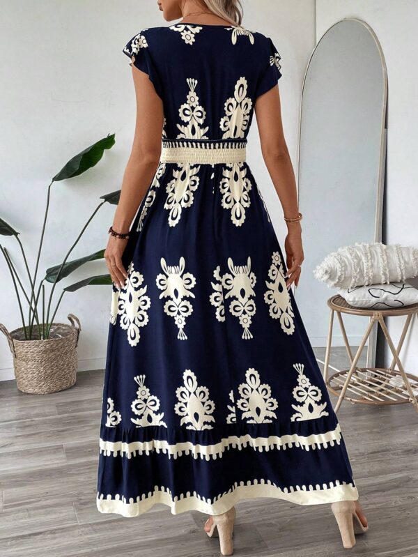Trim Cap Sleeve Cinched Waist Ruffle Hem A-Line Dress - Image 3