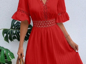 Patchwork Lace Fashion V-neck Tight Waist Solid Color Dress