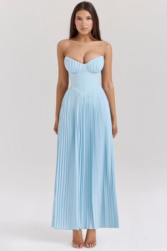 Blue Strapless Slimming Pleated Tight Dress - Image 3