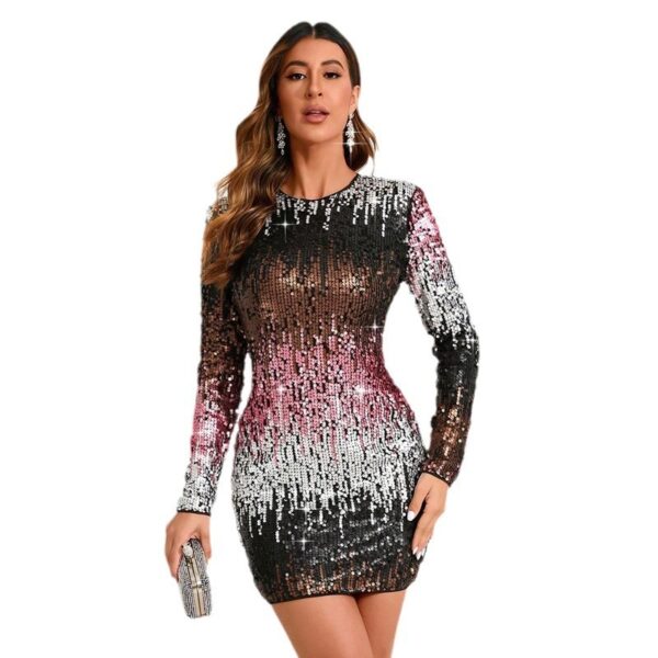 Gradient Contrast Color Sequined Long Sleeve Cocktail Dress - Image 8