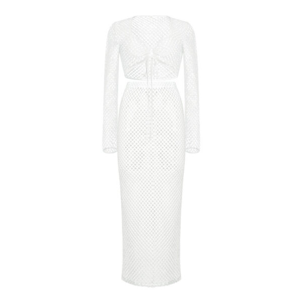 Lace Mesh Long Sleeve Narrow Casual Knitted Maxi Dress Suit - Image 5