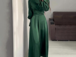 Round Neck Ruffle Sleeve Drawstring High Waist Cross Overlay Strap Elegant Slim Fit Dress