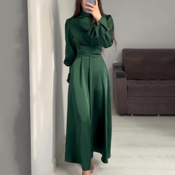 Round Neck Ruffle Sleeve Drawstring High Waist Cross Overlay Strap Elegant Slim Fit Dress